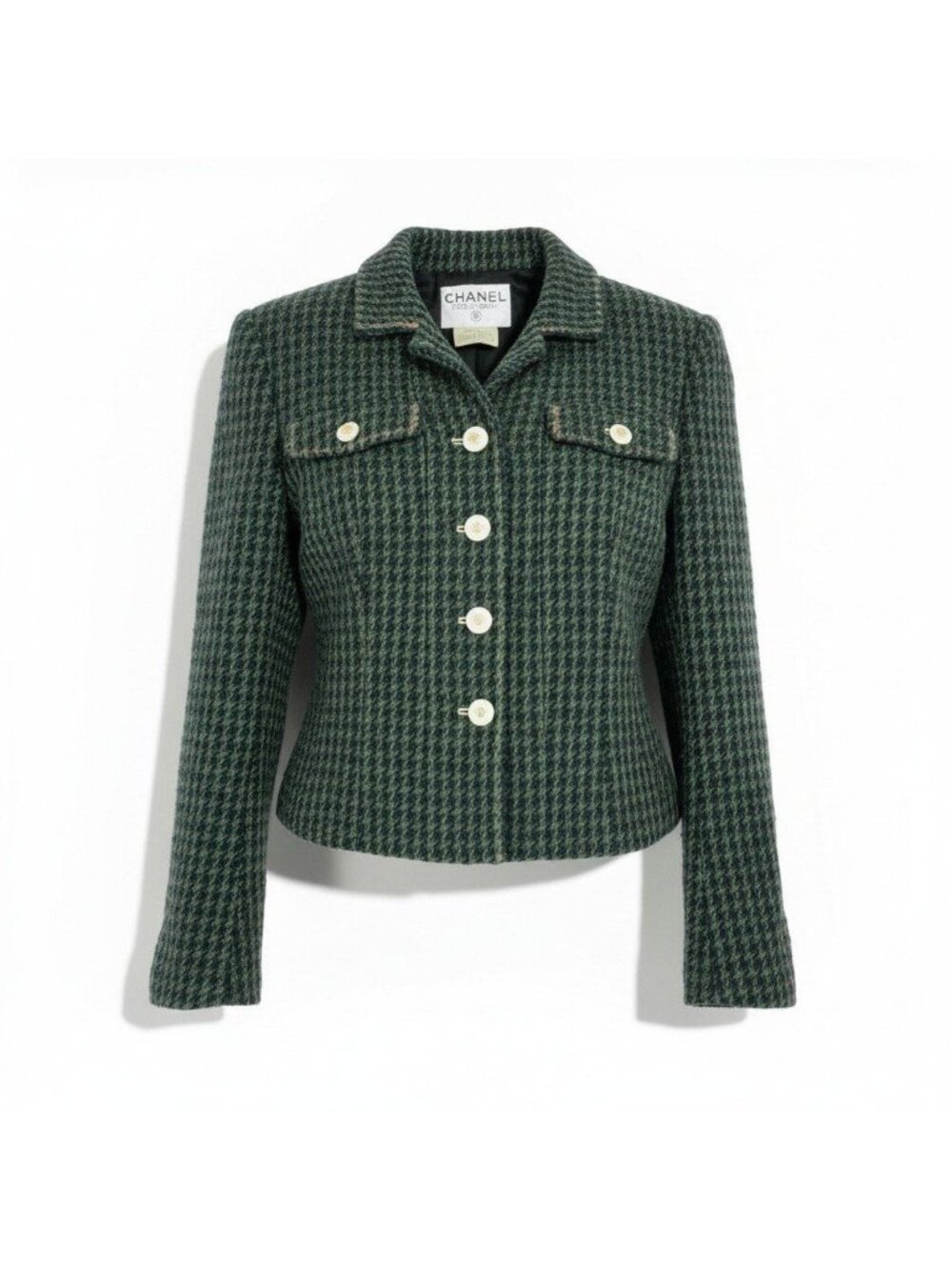 Chanel Collection CC Logo Button Tweed Short Jacket 40 Dark Green